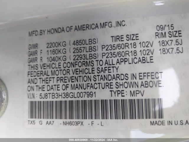 5J8TB3H38GL007991 Acura Rdx Acurawatch Plus Pkg