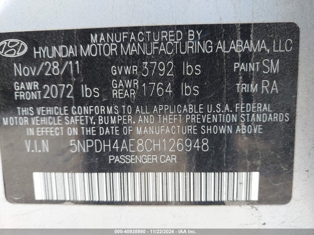 Продажа на аукционе авто 2012 Hyundai Elantra Gls, vin: 5NPDH4AE8CH126948, номер лота: 40938980