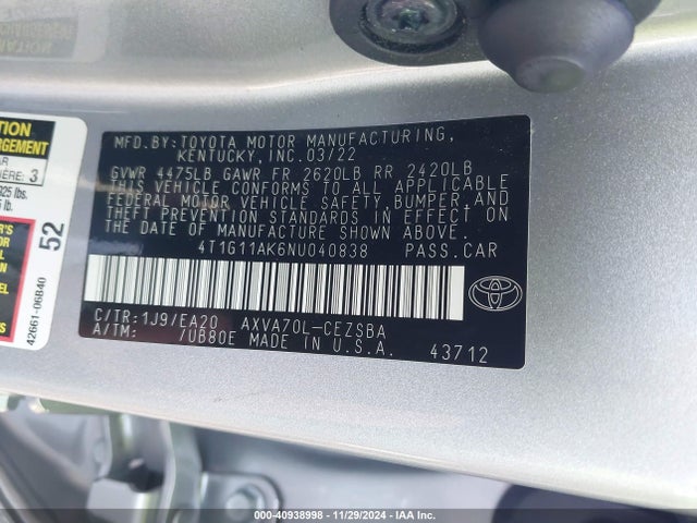 Toyota CAMRY SE 2022 4T1G11AK6NU040838 Image 9