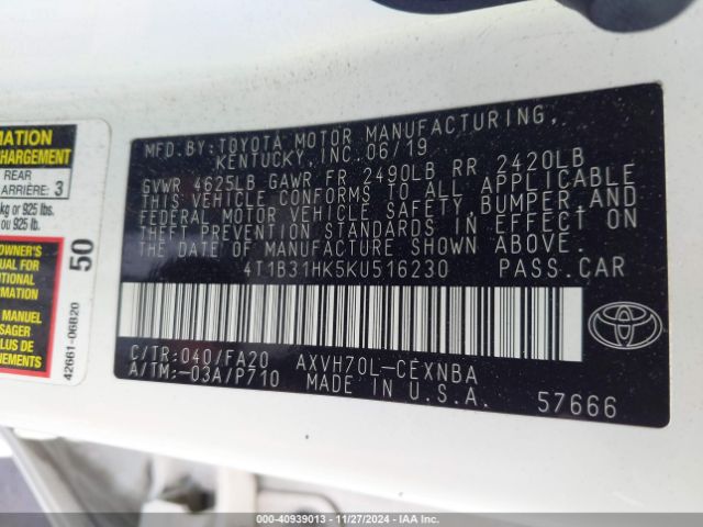 4T1B31HK5KU516230 Toyota Camry Hybrid Le