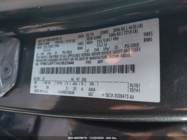 1FMCU0F71KUB23948 Ford ESCAPE S