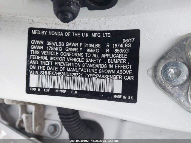 Honda CIVIC EX 2017 SHHFK7H53HU428721 Image 9