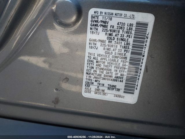 JN8AT2MV9KW386144 Nissan ROGUE SV