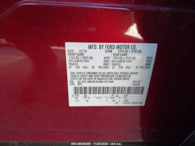 2LMTJ8KR3GBL57346 Lincoln Mkx Select