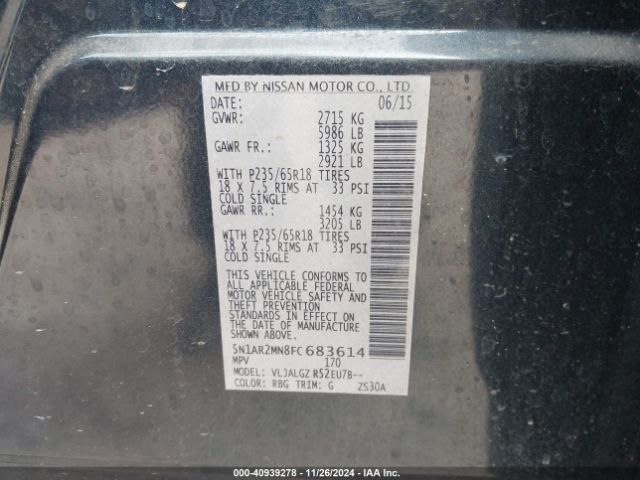 5N1AR2MN8FC683614 Nissan Pathfinder Sl