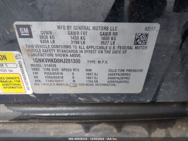 1GNKVHKD8HJ281390 Chevrolet Traverse 2lt