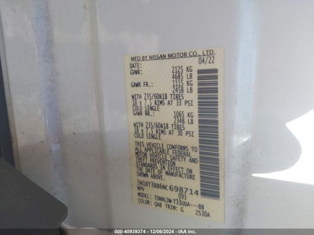 5N1BT3BB6NC698714 Nissan Rogue Sv Intelligent Awd