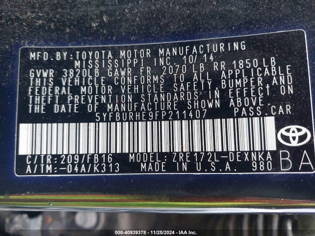 Toyota COROLLA LE 2015 5YFBURHE9FP211407 Image 9