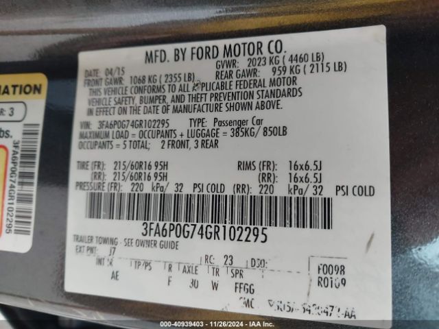 3FA6P0G74GR102295 Ford FUSION S