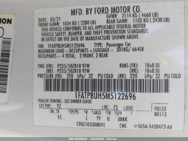 1FATP8UH5M5122696 Ford Mustang Ecoboost Premium