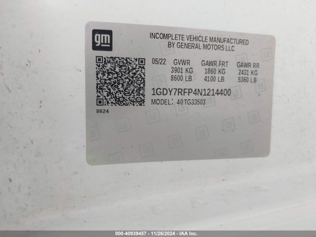 Aukcja sprzedaży 2022 Gmc Savana Cutaway Work Van, vin: 1GDY7RFP4N1214400, numer aukcji: 40939457