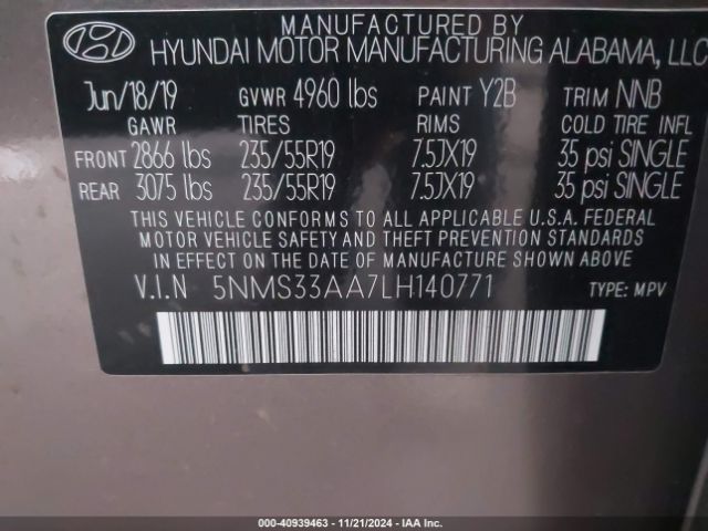 5NMS33AA7LH140771 Hyundai Santa Fe Sel 2.0t