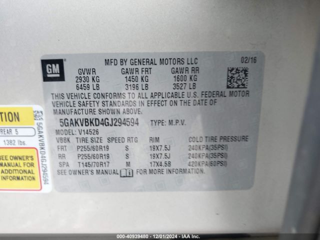 5GAKVBKD4GJ294594 Buick Enclave Leather