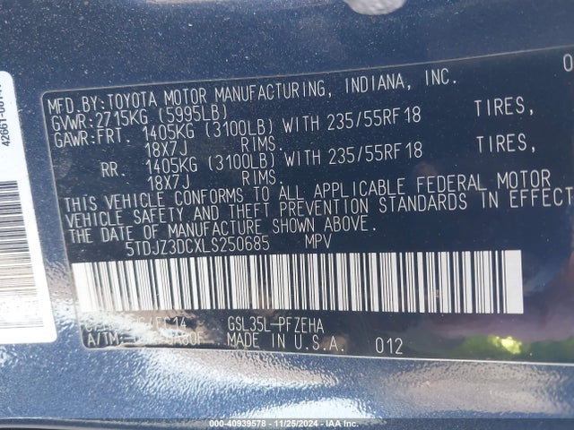 5TDJZ3DCXLS250685 Toyota SIENNA LE