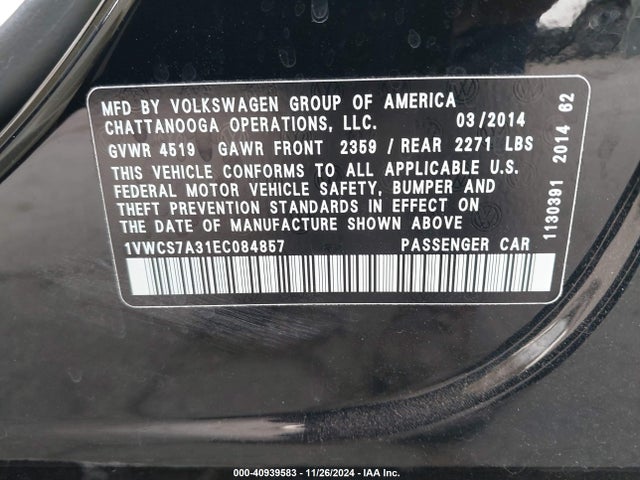 1VWCS7A31EC084857 Volkswagen Passat 1.8t Sel Premium