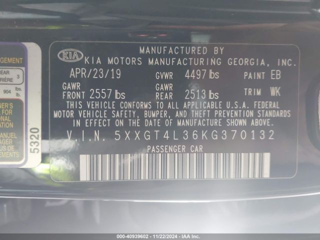 5XXGT4L36KG370132 KIA Optima S