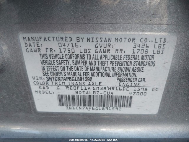 Nissan Versa 1.6 Sv 2016 3N1CN7AP6GL891592 Image 9
