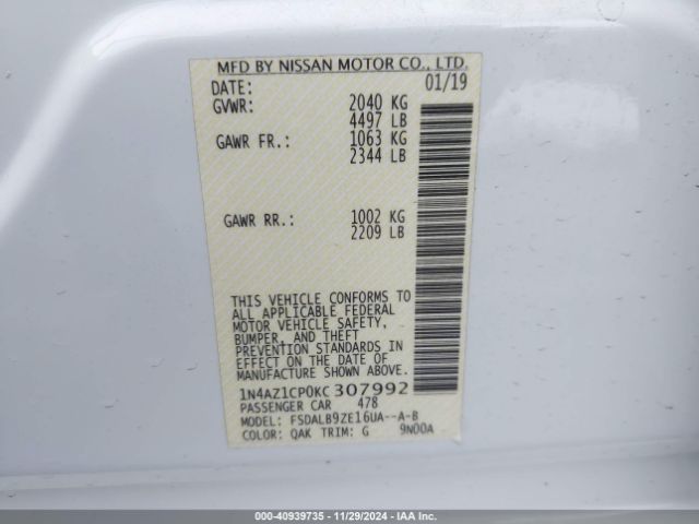 1N4AZ1CP0KC307992 Nissan LEAF S