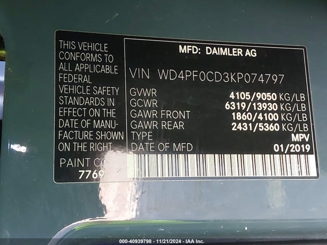WD4PF0CD3KP074797 Mercedes-Benz Sprinter 2500 High Roof V6/standard Roof V6