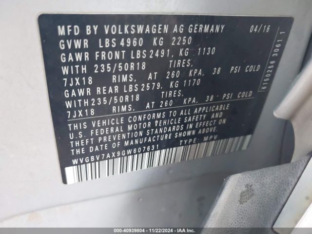 WVGBV7AX9GW607631 Volkswagen TIGUAN SE