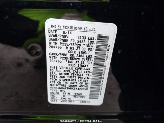 Nissan Murano Le 2014 JN8AZ1MUXEW420659 Image 9
