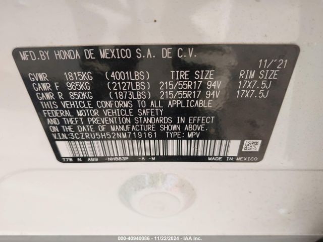 3CZRU5H52NM719161 Honda Hr-v 2wd Ex