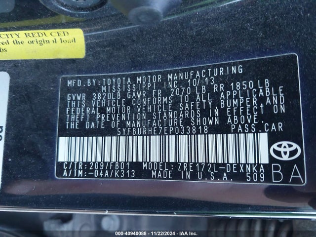 Toyota COROLLA LE 2014 5YFBURHE7EP033818 Image 9