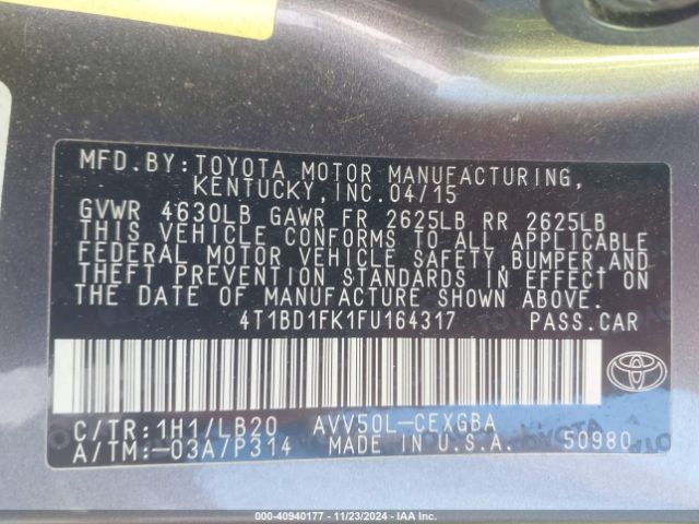 4T1BD1FK1FU164317 Toyota Camry Hybrid Xle
