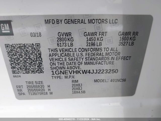 1GNEVHKW4JJ223250 Chevrolet Traverse 3lt