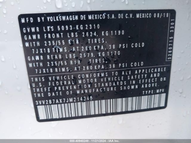 3VV2B7AX7JM214345 Volkswagen Tiguan 2.0t Se/2.0t Sel