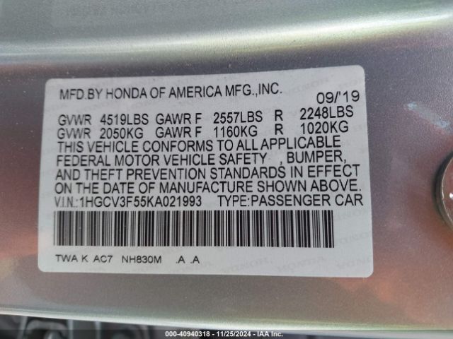 1HGCV3F55KA021993 Honda Accord Hybrid Ex-l