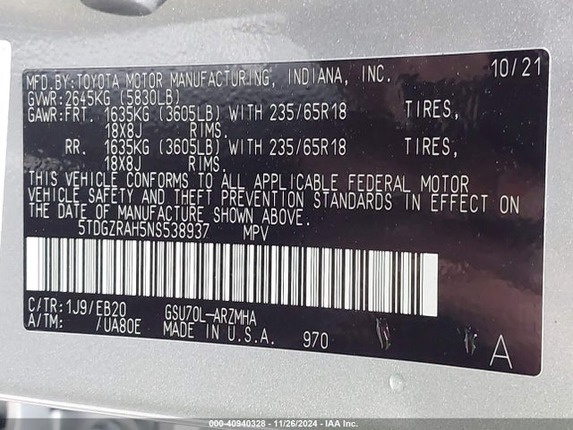 5TDGZRAH5NS538937 Toyota Highlander Xle