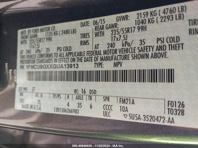 Ford ESCAPE SE 2016 1FMCU9GXXGUA13913 Image 9