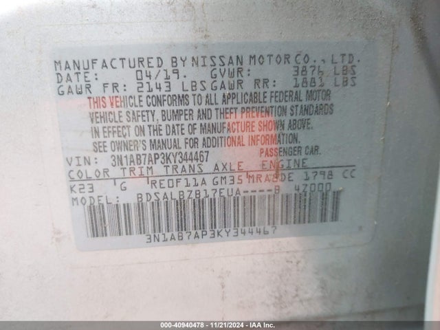 Nissan SENTRA S 2019 3N1AB7AP3KY344467 Image 9