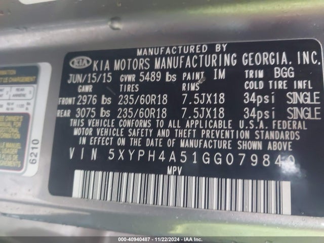 5XYPH4A51GG079840 KIA Sorento 3.3l Ex