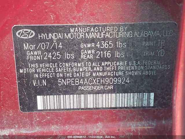 Hyundai SONATA GLS 2014 5NPEB4ACXEH909924 Image 9