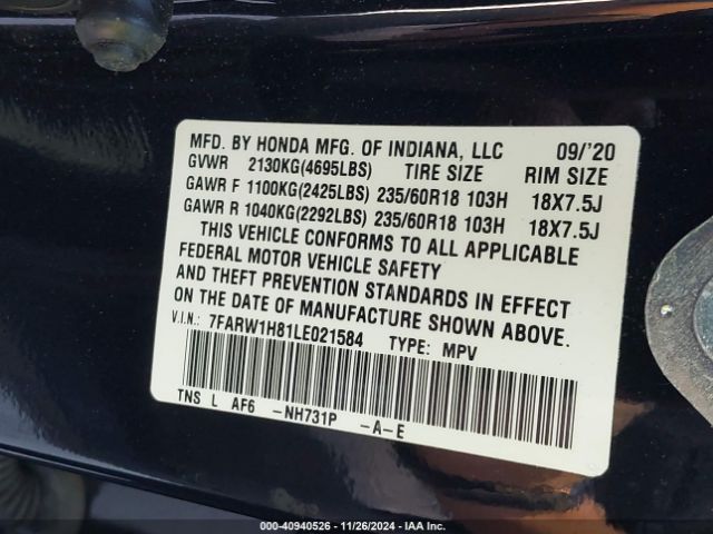 7FARW1H81LE021584 Honda Cr-v 2wd Ex-l