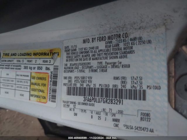 3FA6P0LU7GR283291 Ford Fusion Hybrid Se