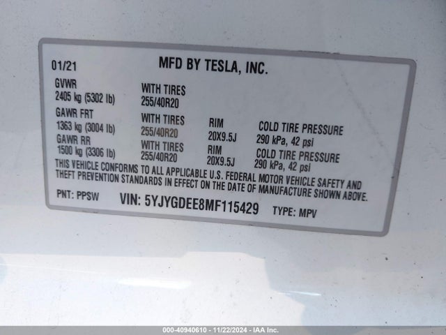 2021 TESLA MODEL Y 5YJYGDEE8MF115429 Photo 8
