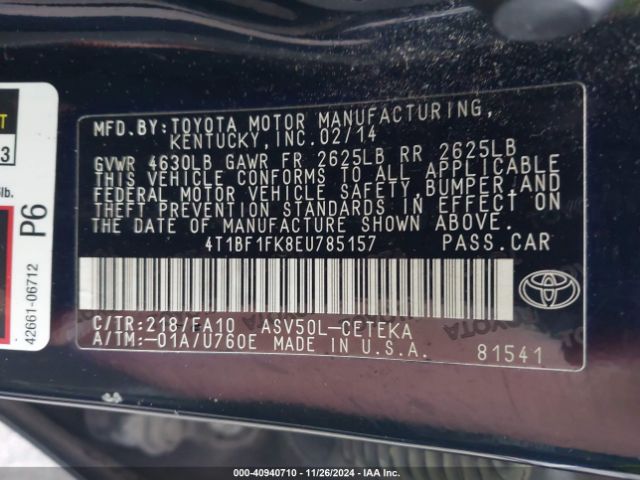 4T1BF1FK8EU785157 Toyota CAMRY L
