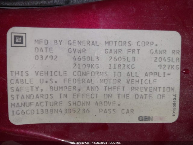 1992 CADILLAC DEVILLE 1G6CD13B8N4305236 Photo 8