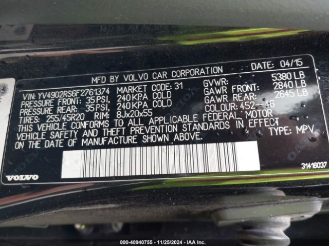 YV4902RS6F2761374 Volvo Xc60 T6 R-design Platinum