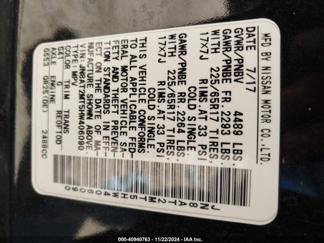 Nissan ROGUE SV 2017 JN8AT2MT5HW406090 Image 9