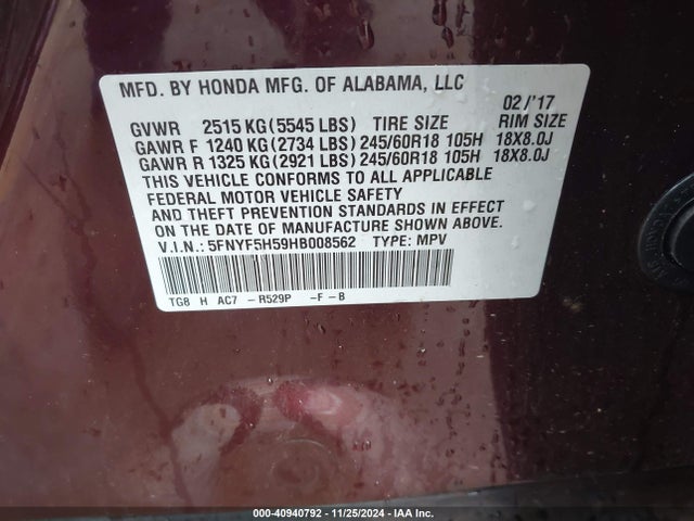 Honda Pilot Ex-l 2017 5FNYF5H59HB008562 Image 9