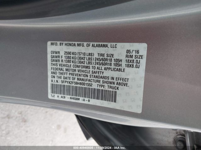 5FPYK2F59HB001552 Honda Ridgeline Rtl