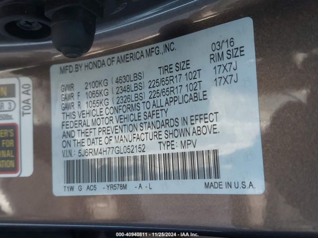 Honda Cr-v Ex-l 2016 5J6RM4H77GL052152 Image 9
