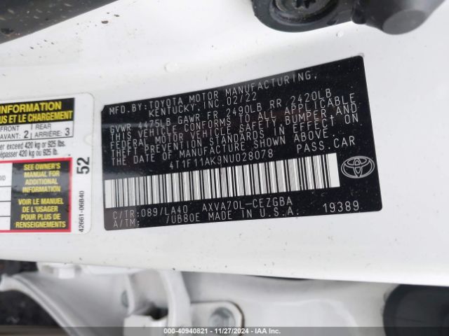 4T1F11AK9NU028078 Toyota CAMRY XLE