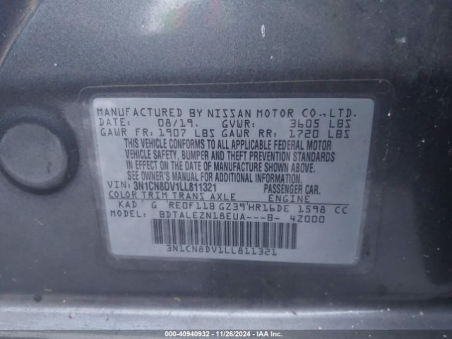 3N1CN8DV1LL811321 Nissan Versa S Xtronic Cvt
