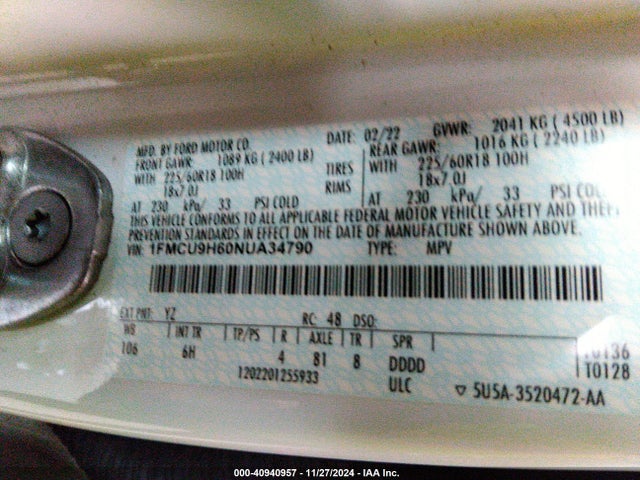 1FMCU9H60NUA34790 Ford ESCAPE SEL