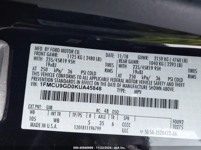 Ford ESCAPE SE 2019 1FMCU9GD0KUA45848 Image 9